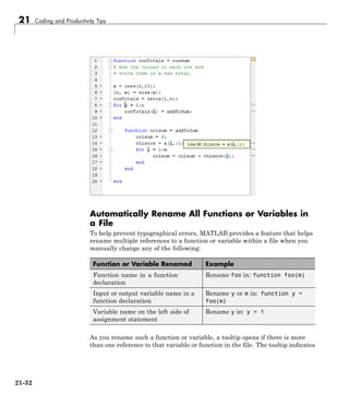 21 Coding and Productivity Tips
Automatically Rename All Functions or Variables in
a File
To help prevent typographical errors, MATLAB provides a feature that helps
rename multiple references to a function or variable within a file when you
manually change any of the following:
Function or Variable Renamed Example
Function name in a function
declaration
Rename foo in: function foo(m)
Input or output variable name in a
function declaration
Rename y or m in: function y =
foo(m)
Variable name on the left side of
assignment statement
Rename y in: y = 1
As you rename such a function or variable, a tooltip opens if there is more
than one reference to that variable or function in the file. The tooltip indicates
21-32
 