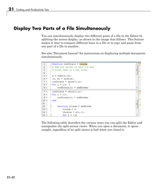 21 Coding and Productivity Tips
Display Two Parts of a File Simultaneously
You can simultaneously display two different parts of a file in the Editor by
splitting the screen display, as shown in the image that follows. This feature
makes it easy to compare different lines in a file or to copy and paste from
one part of a file to another.
See also “Document Layout” for instructions on displaying multiple documents
simultaneously.
The following table describes the various ways you can split the Editor and
manipulate the split-screen views. When you open a document, it opens
unsplit, regardless of its split status it had when you closed it.
21-42
 