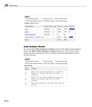 25 Performance
Code Analyzer Results
To include the Code Analyzer results section in the detail report display,
select the Show Code Analyzer results check box. This section of the
report provides information about problems and potential improvements
for the function.
25-18
 