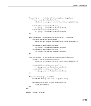 Create Custom Plugin
function fixture = createSharedTestFixture(plugin, pluginData)
fixture = createSharedTestFixture@...
matlab.unittest.plugins.TestRunnerPlugin(plugin, pluginData);
fixture.addlistener('AssertionPassed', ...
@(~,~)plugin.incrementPassingAssertionsCount);
fixture.addlistener('AssertionFailed', ...
@(~,~)plugin.incrementFailingAssertionsCount);
end
function testCase = createTestClassInstance(plugin, pluginData)
testCase = createTestClassInstance@...
matlab.unittest.plugins.TestRunnerPlugin(plugin, pluginData);
testCase.addlistener('AssertionPassed', ...
@(~,~)plugin.incrementPassingAssertionsCount);
testCase.addlistener('AssertionFailed', ...
@(~,~)plugin.incrementFailingAssertionsCount);
end
function testCase = createTestMethodInstance(plugin, pluginData)
testCase = createTestMethodInstance@...
matlab.unittest.plugins.TestRunnerPlugin(plugin, pluginData);
testCase.addlistener('AssertionPassed', ...
@(~,~)plugin.incrementPassingAssertionsCount);
testCase.addlistener('AssertionFailed', ...
@(~,~)plugin.incrementFailingAssertionsCount);
end
function runTest(plugin, pluginData)
fprintf('### Running test: %sn', pluginData.Name);
runTest@matlab.unittest.plugins.TestRunnerPlugin(...
plugin, pluginData);
end
end
methods (Access = private)
29-61
 