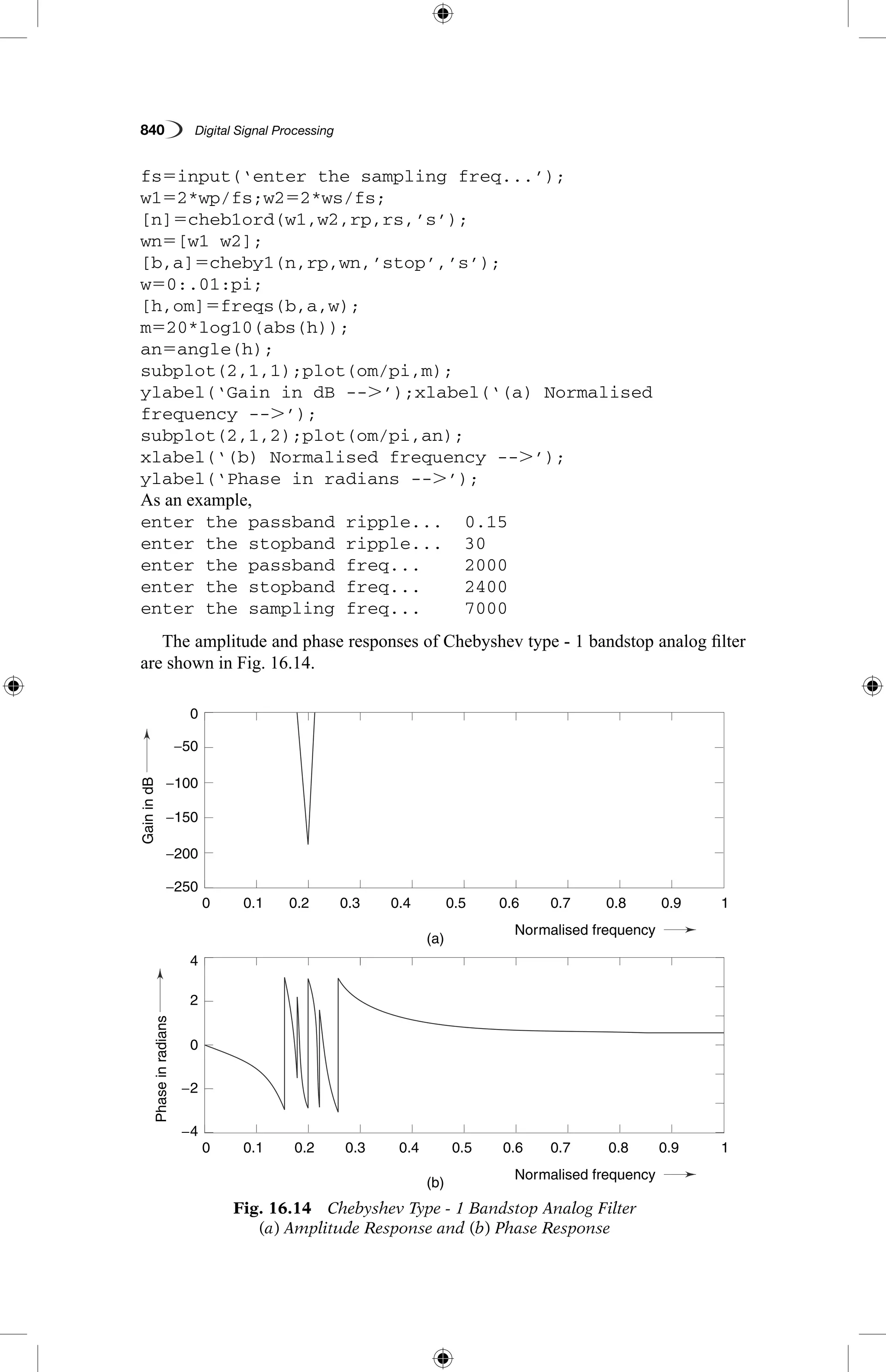 840   Digital Signal Processing
fs5input(‘enter the sampling freq...’);
w152*wp/fs;w252*ws/fs;
[n]5cheb1ord(w1,w2,rp,rs,’s’);
wn5[w1 w2];
[b,a]5cheby1(n,rp,wn,’stop’,’s’);
w50:.01:pi;
[h,om]5freqs(b,a,w);
m520*log10(abs(h));
an5angle(h);
subplot(2,1,1);plot(om/pi,m);
ylabel(‘Gain in dB --.’);xlabel(‘(a) Normalised
frequency --.’);
subplot(2,1,2);plot(om/pi,an);
xlabel(‘(b) Normalised frequency --.’);
ylabel(‘Phase in radians --.’);
As an example,
enter the passband ripple...	 0.15
enter the stopband ripple...	 30
enter the passband freq...	 2000
enter the stopband freq...	 2400
enter the sampling freq...	 7000
The amplitude and phase responses of Chebyshev type - 1 bandstop analog filter
are shown in Fig. 16.14.
Fig. 16.14  Chebyshev Type - 1 Bandstop Analog Filter
(a) Amplitude Response and (b) Phase Response
GainindB
Phaseinradians
(a)
(b)
0.1
0.1
−4
4
−2
2
0
−150
−50
−100
−200
−250
0
0.2
0.2
0.3
0.3
0.4
0.4
Normalised frequency
Normalised frequency
0.5
0.5
0.6
0.6
0.7
0.7
0.8
0.8
0.9
0.9
1
1
0
0
GainindB
Phaseinradians
(a)
(b)
0.1
0.1
−4
4
−2
2
0
−150
−50
−100
−200
−250
0
0.2
0.2
0.3
0.3
0.4
0.4
Normalised frequency
Normalised frequency
0.5
0.5
0.6
0.6
0.7
0.7
0.8
0.8
0.9
0.9
1
1
0
0
 