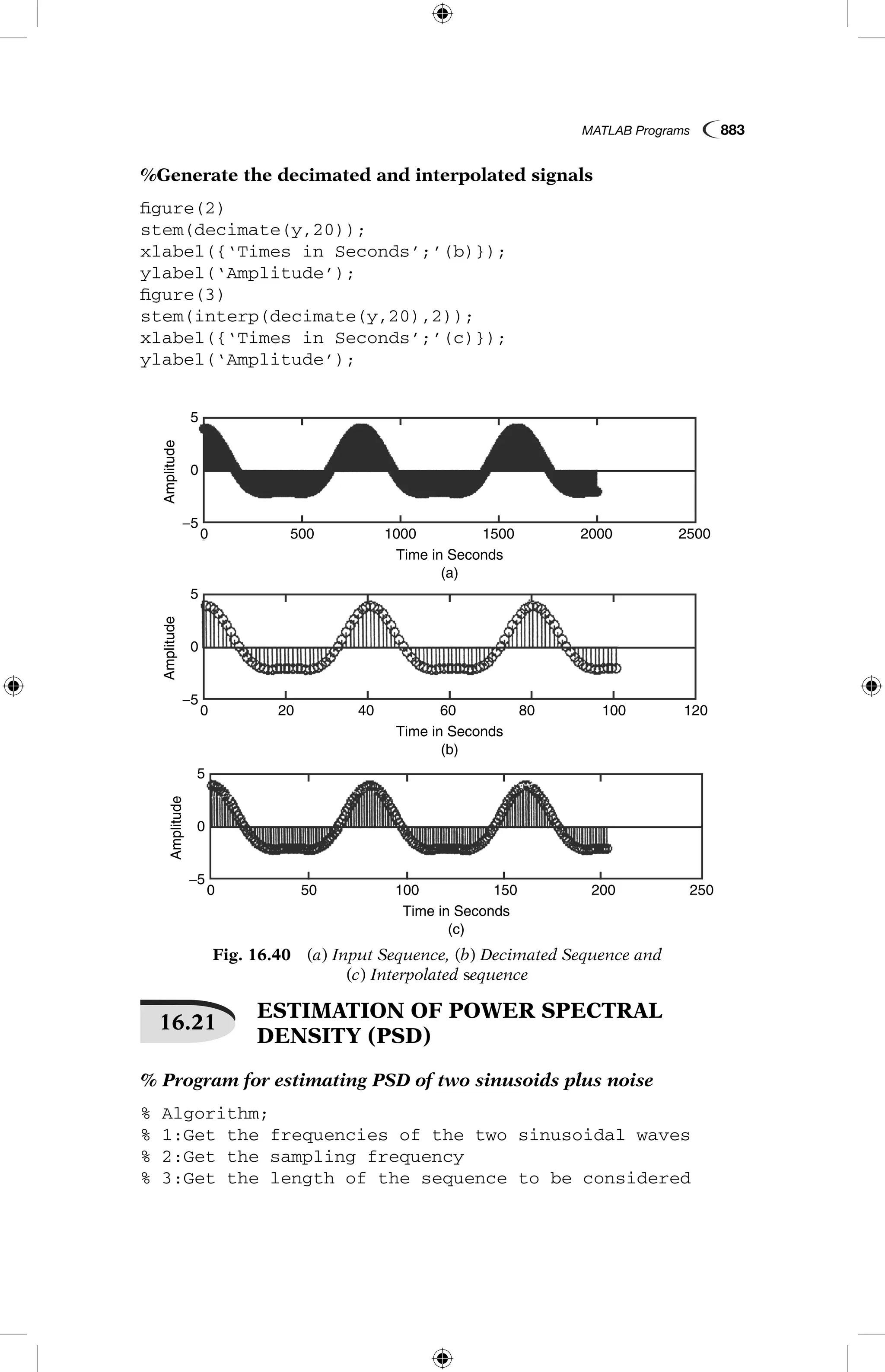 MATLAB Programs  883
%Generate the decimated and interpolated signals
figure(2)
stem(decimate(y,20));
xlabel({‘Times in Seconds’;’(b)});
ylabel(‘Amplitude’);
figure(3)
stem(interp(decimate(y,20),2));
xlabel({‘Times in Seconds’;’(c)});
ylabel(‘Amplitude’);
Fig. 16.40  (a) Input Sequence, (b) Decimated Sequence and
(c) Interpolated sequence
5
0
AmplitudeAmplitude
0 500 1000
Time in Seconds
(a)
1500 2000 2500
−5
5
0
0 20 40
Time in Seconds
(b)
60 80 100 120
−5
Amplitude
5
0
0 50 100 150 200 250
Time in Seconds
(c)
−5
16.21
 ESTIMATION OF POWER SPECTRAL
DENSITY (PSD)
% Program for estimating PSD of two sinusoids plus noise
% Algorithm;
% 1:Get the frequencies of the two sinusoidal waves
% 2:Get the sampling frequency
% 3:Get the length of the sequence to be considered
 