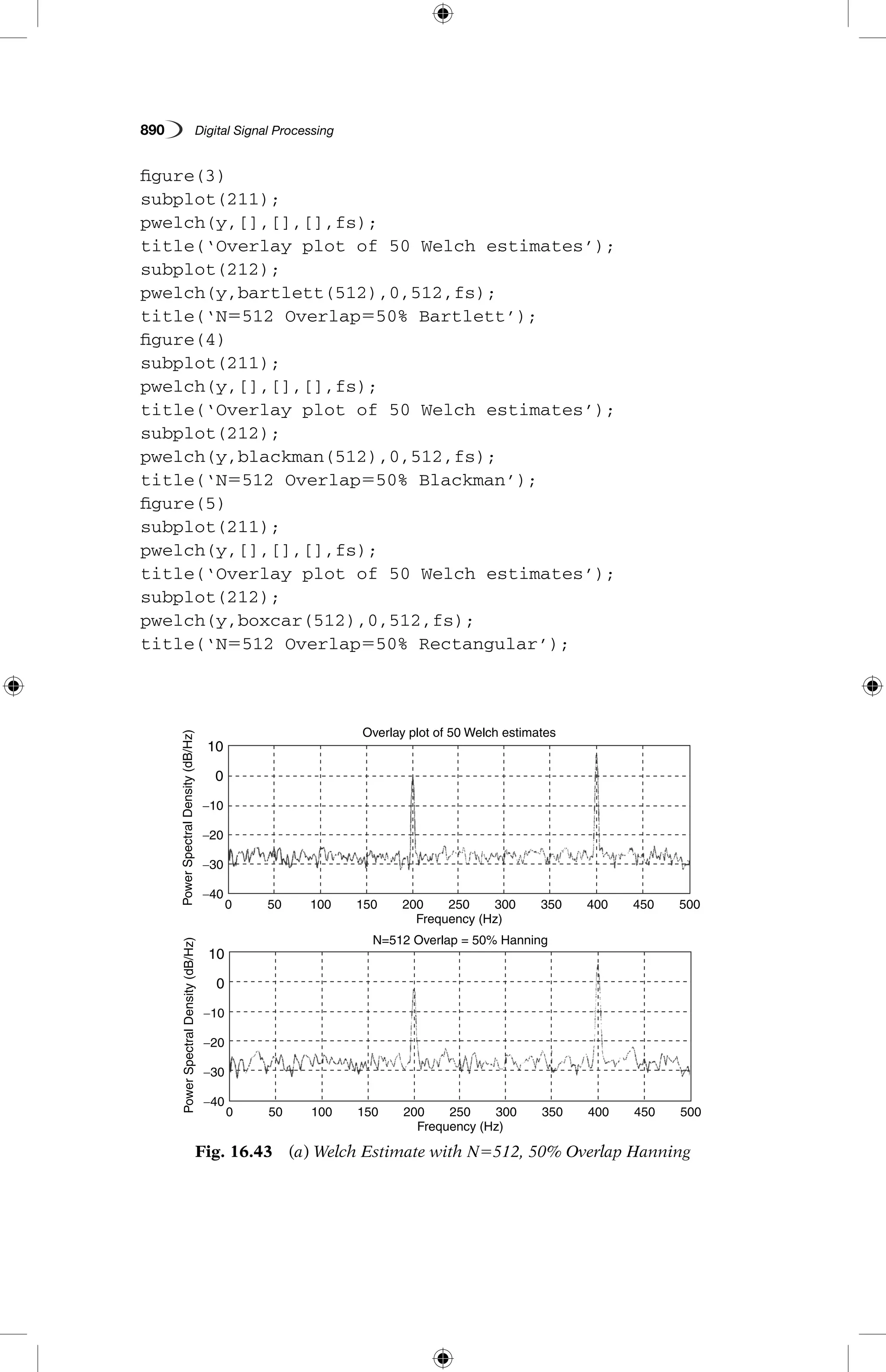 890   Digital Signal Processing
10
0
−10
−20
−30
0 50 100 150 200
Overlay plot of 50 Welch estimates
Frequency (Hz)
PowerSpectralDensity(dB/Hz)
250 300 350 400 450 500
−40
10
0
−10
−20
−30
0 50 100 150 200
N=512 Overlap = 50% Hanning
Frequency (Hz)
PowerSpectralDensity(dB/Hz)
250 300 350 400 450 500
−40
Fig. 16.43  (a) Welch Estimate with N5512, 50% Overlap Hanning
figure(3)
subplot(211);
pwelch(y,[],[],[],fs);
title(‘Overlay plot of 50 Welch estimates’);
subplot(212);
pwelch(y,bartlett(512),0,512,fs);
title(‘N5512 Overlap550% Bartlett’);
figure(4)
subplot(211);
pwelch(y,[],[],[],fs);
title(‘Overlay plot of 50 Welch estimates’);
subplot(212);
pwelch(y,blackman(512),0,512,fs);
title(‘N5512 Overlap550% Blackman’);
figure(5)
subplot(211);
pwelch(y,[],[],[],fs);
title(‘Overlay plot of 50 Welch estimates’);
subplot(212);
pwelch(y,boxcar(512),0,512,fs);
title(‘N5512 Overlap550% Rectangular’);
 