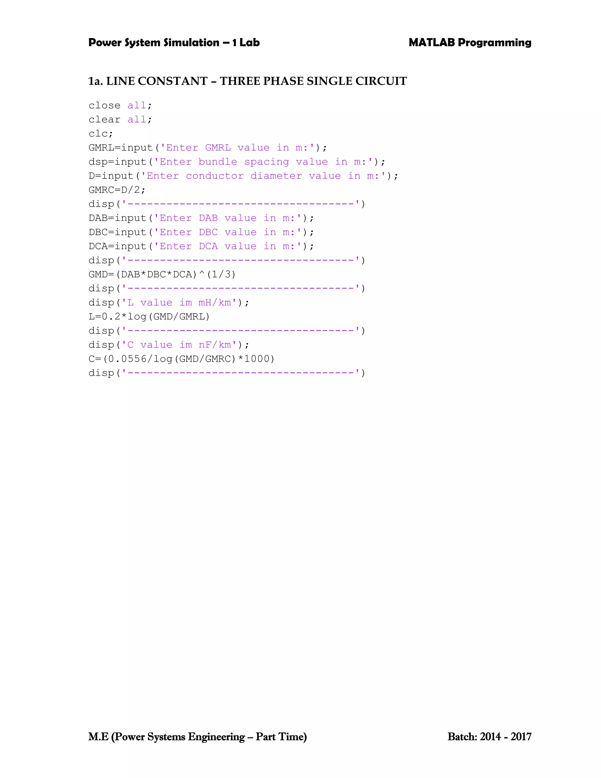 Power Systems Engineering Matlab programs for Power system Simulation