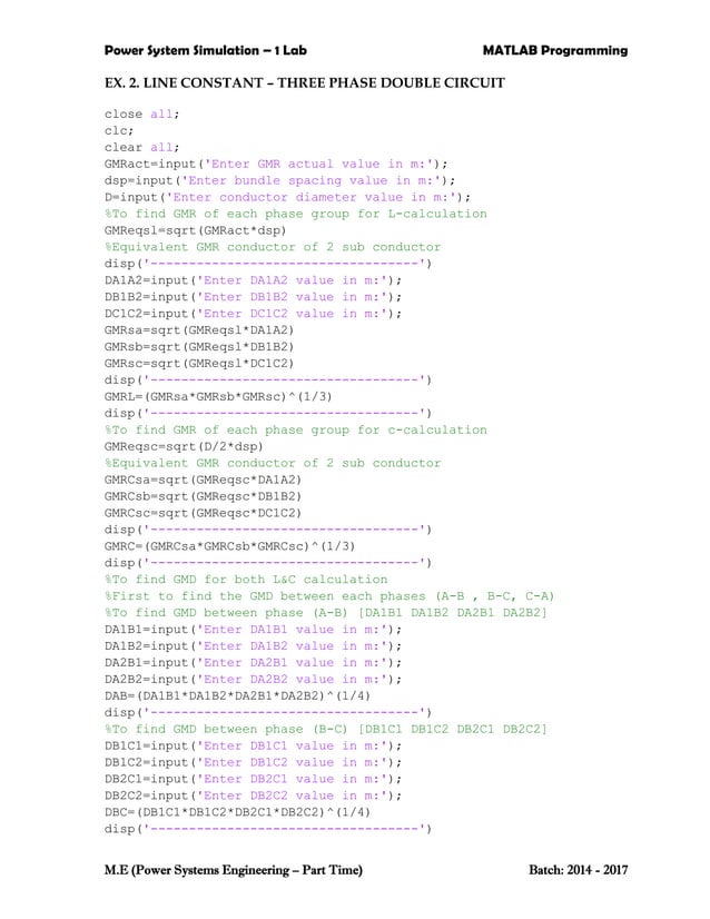 Power Systems Engineering Matlab programs for Power system Simulation