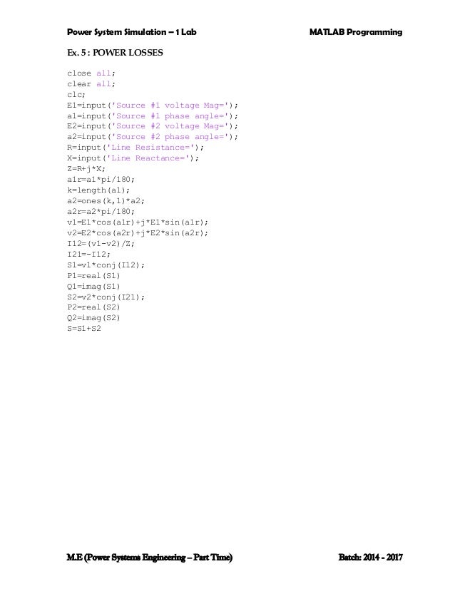 Power Systems Engineering Matlab programs for Power system Simulati…
