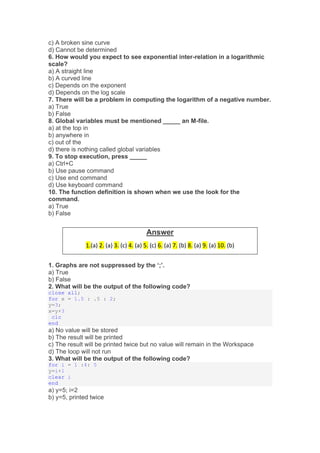 c) A broken sine curve
d) Cannot be determined
6. How would you expect to see exponential inter-relation in a logarithmic
scale?
a) A straight line
b) A curved line
c) Depends on the exponent
d) Depends on the log scale
7. There will be a problem in computing the logarithm of a negative number.
a) True
b) False
8. Global variables must be mentioned _____ an M-file.
a) at the top in
b) anywhere in
c) out of the
d) there is nothing called global variables
9. To stop execution, press _____
a) Ctrl+C
b) Use pause command
c) Use end command
d) Use keyboard command
10. The function definition is shown when we use the look for the
command.
a) True
b) False
1. Graphs are not suppressed by the ‘;’.
a) True
b) False
2. What will be the output of the following code?
close all;
for x = 1.5 : .5 : 2;
y=3;
x=y+3
clc
end
a) No value will be stored
b) The result will be printed
c) The result will be printed twice but no value will remain in the Workspace
d) The loop will not run
3. What will be the output of the following code?
for i = 1 :4: 5
y=i+1
clear i
end
a) y=5; i=2
b) y=5, printed twice
Answer
1.(a) 2. (a) 3. (c) 4. (a) 5. (c) 6. (a) 7. (b) 8. (a) 9. (a) 10. (b)
 