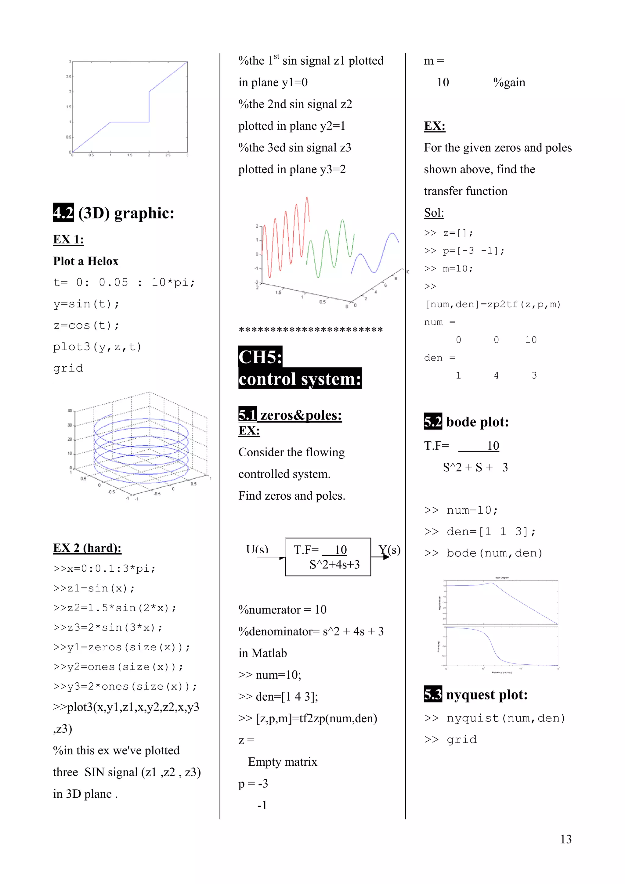 13
4.2 (3D) graphic:
EX 1:
Plot a Helox
t= 0: 0.05 : 10*pi;
y=sin(t);
z=cos(t);
plot3(y,z,t)
grid
EX 2 (hard):
>>x=0:0.1:3*pi;
>>z1=sin(x);
>>z2=1.5*sin(2*x);
>>z3=2*sin(3*x);
>>y1=zeros(size(x));
>>y2=ones(size(x));
>>y3=2*ones(size(x));
>>plot3(x,y1,z1,x,y2,z2,x,y3
,z3)
%in this ex we've plotted
three SIN signal (z1 ,z2 , z3)
in 3D plane .
%the 1st
sin signal z1 plotted
in plane y1=0
%the 2nd sin signal z2
plotted in plane y2=1
%the 3ed sin signal z3
plotted in plane y3=2
***********************
CH5:
control system:
5.1 zeros&poles:
EX:
Consider the flowing
controlled system.
Find zeros and poles.
%numerator = 10
%denominator= s^2 + 4s + 3
in Matlab
>> num=10;
>> den=[1 4 3];
>> [z,p,m]=tf2zp(num,den)
z =
Empty matrix
p = -3
-1
m =
10 %gain
EX:
For the given zeros and poles
shown above, find the
transfer function
Sol:
>> z=[];
>> p=[-3 -1];
>> m=10;
>>
[num,den]=zp2tf(z,p,m)
num =
0 0 10
den =
1 4 3
5.2 bode plot:
T.F= 10
S^2 + S + 3
>> num=10;
>> den=[1 1 3];
>> bode(num,den)
-60
-50
-40
-30
-20
-10
0
10
20
Magnitude(dB)
10
-1
10
0
10
1
10
2
-180
-135
-90
-45
0
Phase(deg)
Bode Diagram
Frequency (rad/sec)
5.3 nyquest plot:
>> nyquist(num,den)
>> grid
T.F= 10
S^2+4s+3
U(s) Y(s)
 