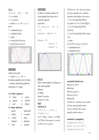 SOL:
11
>> t= 0 : 0.1 : 10;
>> y=sin(t);
>> z=cos(t);
>> plot ( t , y , 'b+' , t , z ,
'R*')
>> xlabel('time');
>> ylabel('volt');
>> grid
>> text(3,0.45,'sin t')
>> text(.8,0.3,'cos t')
%note 1:
when you type
>> plot ( t , y , 'b+' )
b means graph color is blue.
+ means: plot the graph by
using the (+) sign.
% Color options:
b blue c cyan
g green y yellow
r red k black
% signs options:
. point . dash dot
- solid x x-mark
o circle + plus
: dotted -- dashed
* star s square
%note 2:
to plot a certain region of
your graph (to focus on a
certain region)
type this
>> axis([5 10 0
1])
%where Xmin= 5
Xmax= 10
Ymin= 0
Ymax= 1
EX 2:
Draw three phase voltage on
the same graph.
Where
f=50hz.
draw 2 cycles.
Vmax=5 volt.
Sol:
Method 1:
>>t= 0 : .3e-3 :
2*20e-3 ;
%T= 20ms =20e-3= 1/50hz
%2*20e-3 because we need
to draw two cycles .
%(0.3e-3) sets the accuracy
of your graph, the smaller
number the higher accuracy
>>v1=5*sin(2*pi*50*t);
% pahse1 is v1=5sin(2∏ f t)
>>v2=5*sin(2*pi*50*t-
2*pi/3);
>>v3=5*sin(2*pi*50*t+2*pi
/3);
>>plot
(t,v1,'b*',t,v2,'g+',t,v3,'r:')
>>xlabel('time');
>>ylabel('volt');
method2 (hold on):
Plot (t,v1,'b*')
Hold on
Plot (t,v2,'g+')
Plot (t,v3,'r:')
Hold off
%hold on: enable you to plot
on the same graph sheet
%you will get the same
graph shown above
method 3 (subplot):
subplot(2,2,1)
plot (t,v1,'b*')
subplot(2,2,2)
 