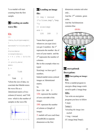 % so matlab will start
counting from the first
sample.
15
6.2 Loading an audio
wave file:
EX:
>>
[data,fs,bitpersample]
=
wavread('c:click.wav')
;
S=size(data)
L=length(data);
t = 0 : 1/fs : (L-1)/fs
;
>> plot(t,data)
ans:
L =
7168
S=
7168 2
%from the size of data, we
conclude that Matlab stores
the wave file as a
2dimitional matrix of two
column (if stereo) and 7168
rows which is the number of
samples in the wave file
0 0.05 0.1 0.15 0.2 0.25 0.3 0.35
-1
-0.8
-0.6
-0.4
-0.2
0
0.2
0.4
0.6
0.8
1
6.3 Loading an image
file:
>> img = imread
('c:tree.bmp','bmp
');
>> size(img)
ans =
126 188 3
%note that in general
whenever you type (size)
you get 2 numbers the 1st
represents the number the of
rows of your matrix and the
2nd
represents the number of
columns.
But in this example when we
typed
Size(img) we have got 3
numbers.
Indeed matlab stores colored
images as 3dimintional
matrix.
So
Size= 126 188 3
126: represent the number
of rows or(width of the
image)
188: represent the number
of column or (length of
image)
3: matlab will save each base
color(RGB) in separate
dimension so the first
dimension contains red color
only ,
And the 2nd
contains green
color,
And the 3ed dimension
contains blue
(RGB)
6.4 encryption&
Decryption:
6.4.1 Encrypting an image:
EX:
Write a matlab program to
encrypt a Bmp image witch
saved in path c:image.bmp
SOL:
%to write an encryption
program you have to follow
5 steps:
%step 1:
%loading the image into
matlab
>>img = imread
('C:image.bmp','bmp');
 