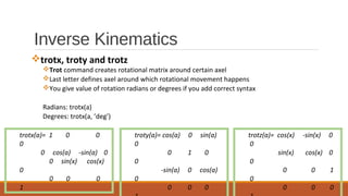 Inverse Kinematics
vtrotx, troty and trotz
vTrot command creates rotational matrix around certain axel
vLast letter defines axel around which rotational movement happens
vYou give value of rotation radians or degrees if you add correct syntax
Radians: trotx(a)
Degrees: trotx(a, ’deg’)
trotx(a)= 1 0 0
0
0 cos(a) -sin(a) 0
0 sin(x) cos(x)
0
0 0 0
1
troty(a)= cos(a) 0 sin(a)
0
0 1 0
0
-sin(a) 0 cos(a)
0
0 0 0
trotz(a)= cos(x) -sin(x) 0
0
sin(x) cos(x) 0
0
0 0 1
0
0 0 0
 
