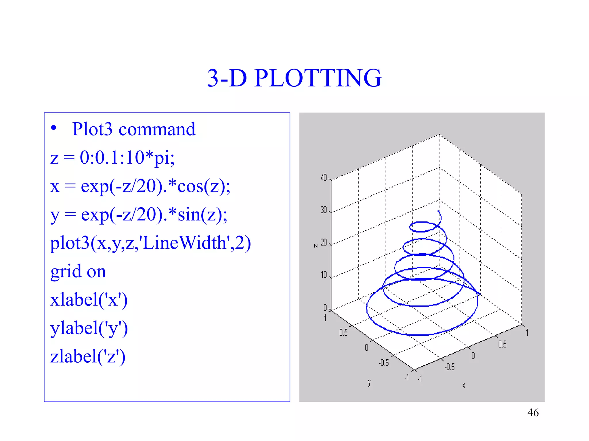46
3-D PLOTTING
• Plot3 command
z = 0:0.1:10*pi;
x = exp(-z/20).*cos(z);
y = exp(-z/20).*sin(z);
plot3(x,y,z,'LineWidth',2)
grid on
xlabel('x')
ylabel('y')
zlabel('z')
 