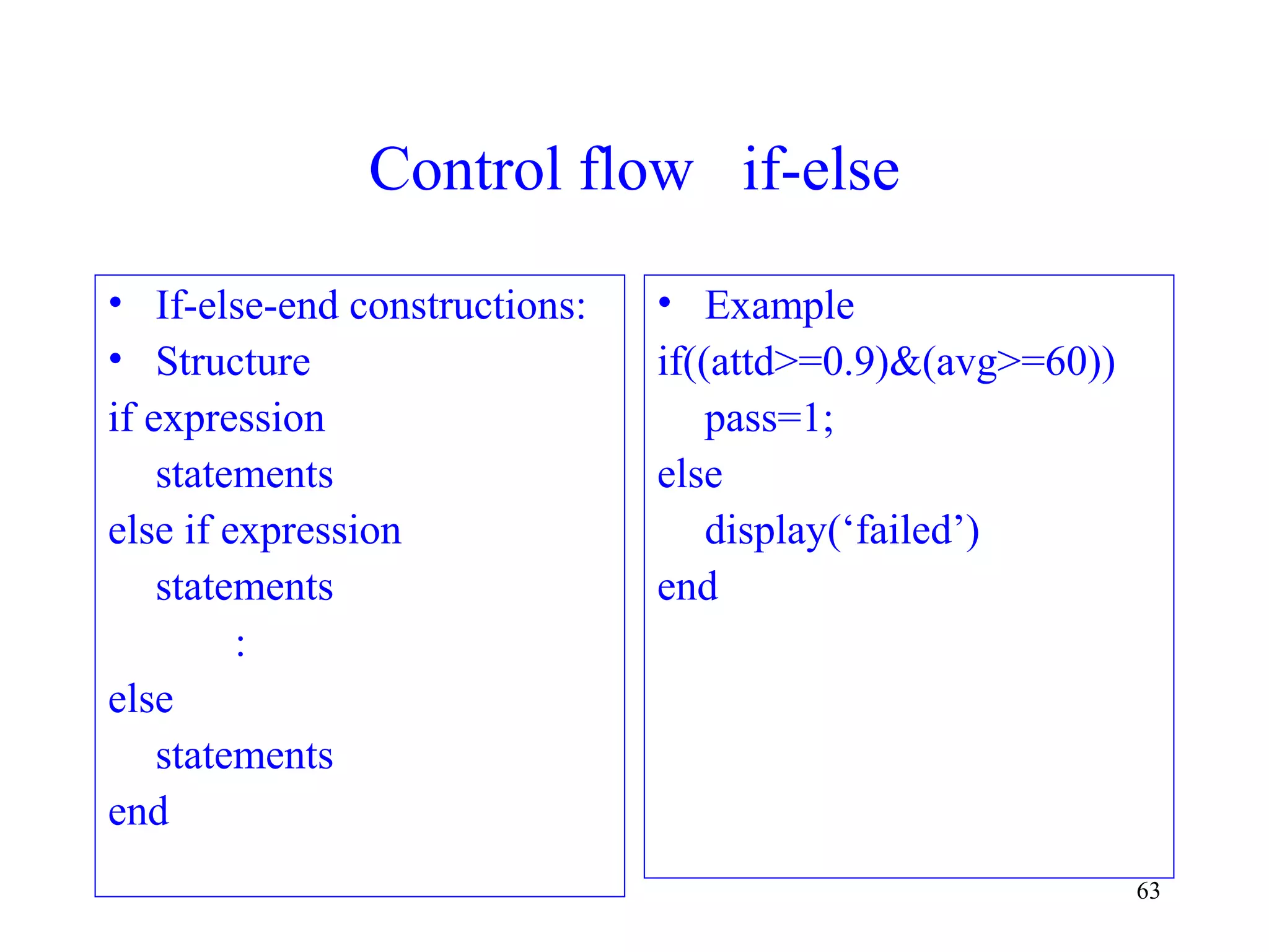 63
Control flow if-else
• If-else-end constructions:
• Structure
if expression
statements
else if expression
statements
:
else
statements
end
• Example
if((attd>=0.9)&(avg>=60))
pass=1;
else
display(‘failed’)
end
 