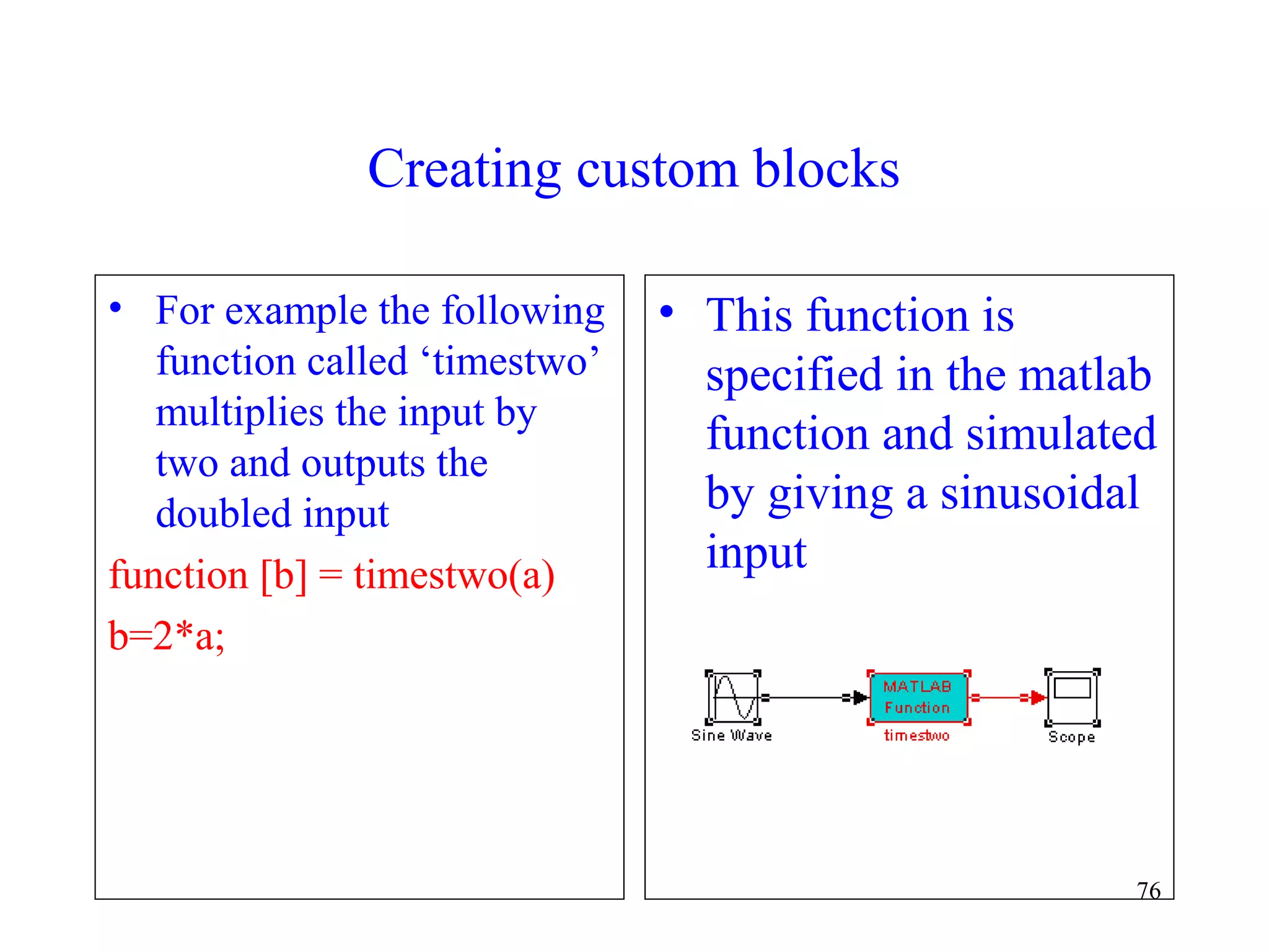 76
Creating custom blocks
• For example the following
function called ‘timestwo’
multiplies the input by
two and outputs the
doubled input
function [b] = timestwo(a)
b=2*a;
• This function is
specified in the matlab
function and simulated
by giving a sinusoidal
input
 