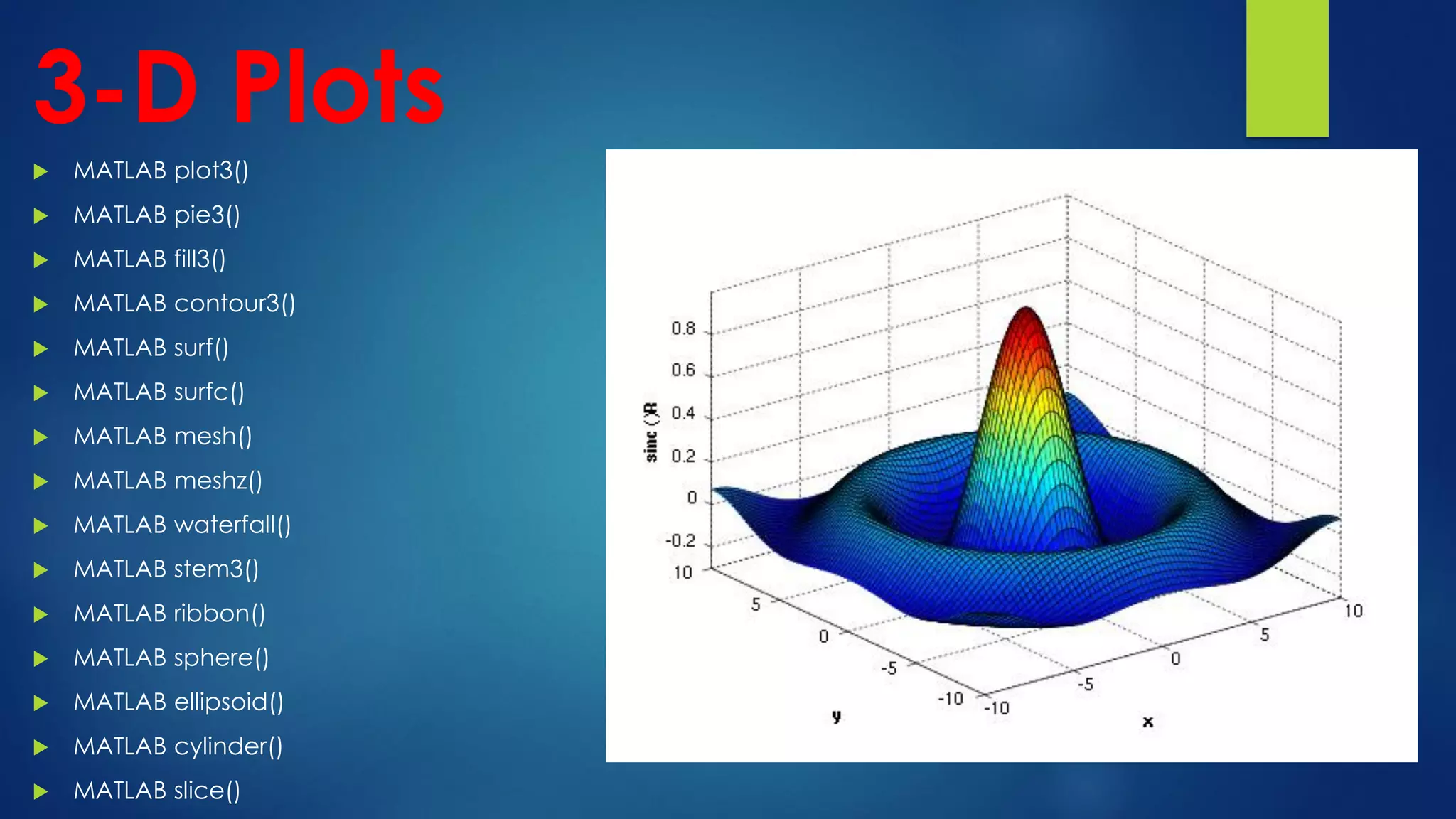 3-D Plots
 MATLAB plot3()
 MATLAB pie3()
 MATLAB fill3()
 MATLAB contour3()
 MATLAB surf()
 MATLAB surfc()
 MATLAB mesh()
 MATLAB meshz()
 MATLAB waterfall()
 MATLAB stem3()
 MATLAB ribbon()
 MATLAB sphere()
 MATLAB ellipsoid()
 MATLAB cylinder()
 MATLAB slice()
 