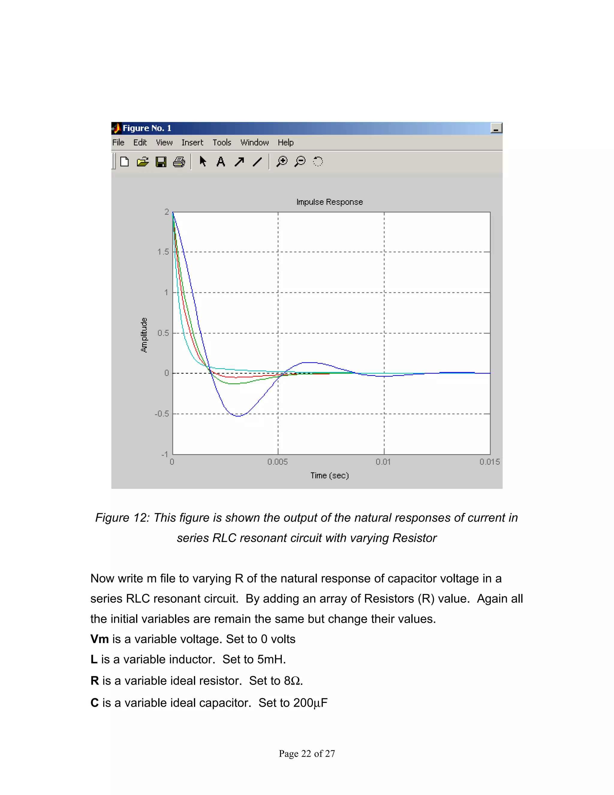 Figure 12: This figure is shown the output of the natural responses of current in
                 series RLC resonant circuit with varying Resistor


Now write m file to varying R of the natural response of capacitor voltage in a
series RLC resonant circuit. By adding an array of Resistors (R) value. Again all
the initial variables are remain the same but change their values.
Vm is a variable voltage. Set to 0 volts
L is a variable inductor. Set to 5mH.
R is a variable ideal resistor. Set to 8Ω.
C is a variable ideal capacitor. Set to 200µF



                                     Page 22 of 27
 