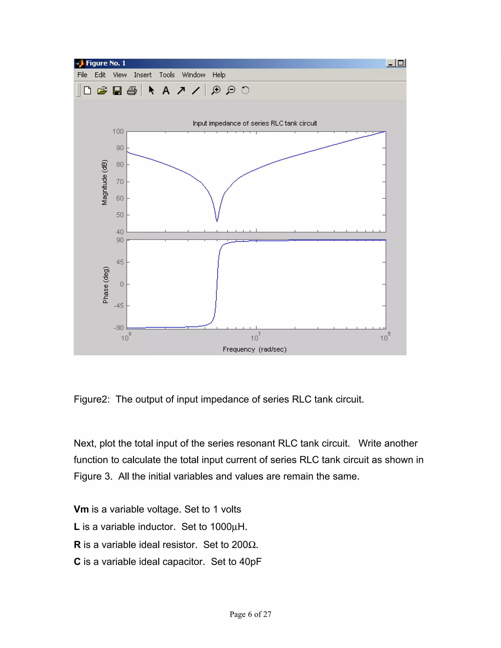 Figure2: The output of input impedance of series RLC tank circuit.



Next, plot the total input of the series resonant RLC tank circuit. Write another
function to calculate the total input current of series RLC tank circuit as shown in
Figure 3. All the initial variables and values are remain the same.


Vm is a variable voltage. Set to 1 volts
L is a variable inductor. Set to 1000µH.
R is a variable ideal resistor. Set to 200Ω.
C is a variable ideal capacitor. Set to 40pF




                                     Page 6 of 27
 