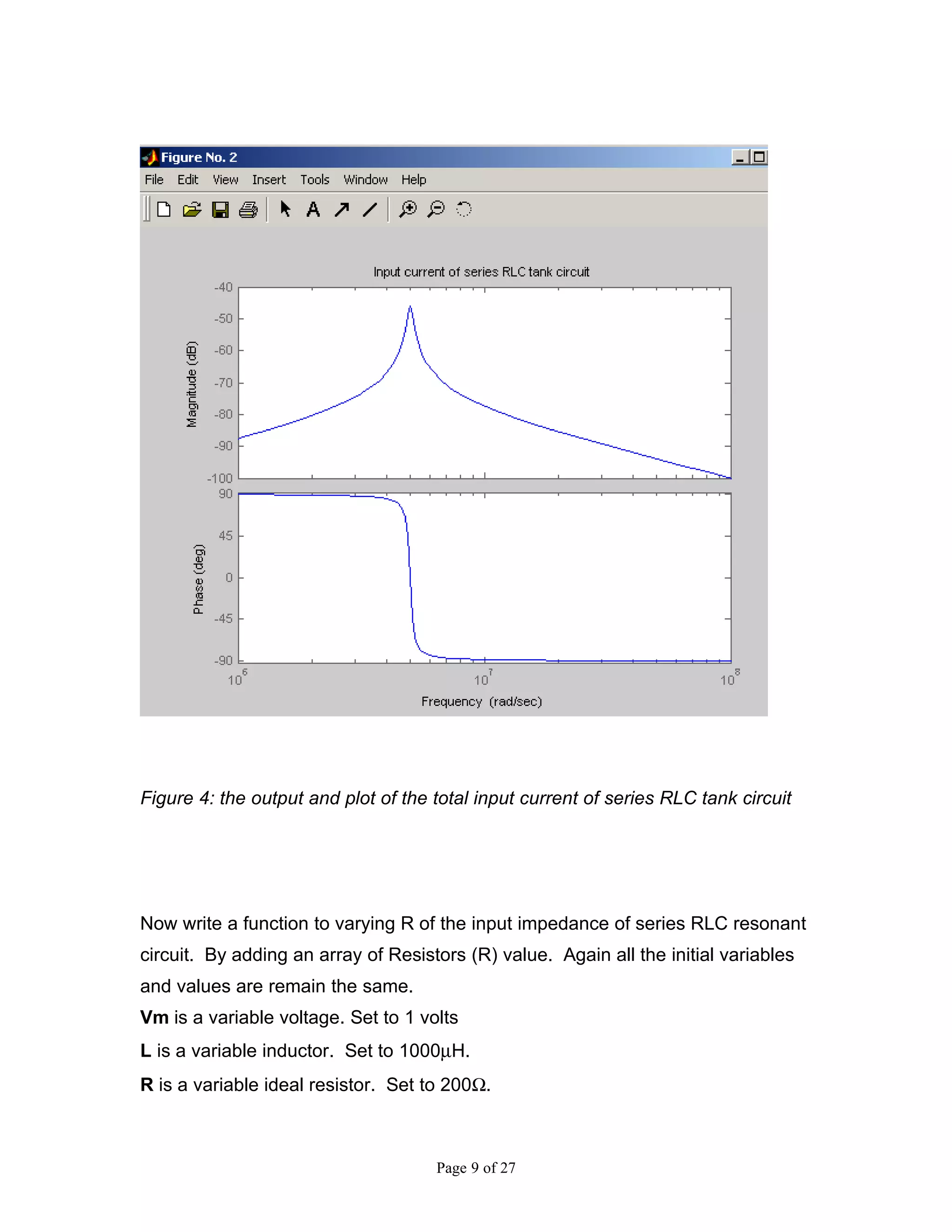Figure 4: the output and plot of the total input current of series RLC tank circuit




Now write a function to varying R of the input impedance of series RLC resonant
circuit. By adding an array of Resistors (R) value. Again all the initial variables
and values are remain the same.
Vm is a variable voltage. Set to 1 volts
L is a variable inductor. Set to 1000µH.
R is a variable ideal resistor. Set to 200Ω.



                                     Page 9 of 27
 