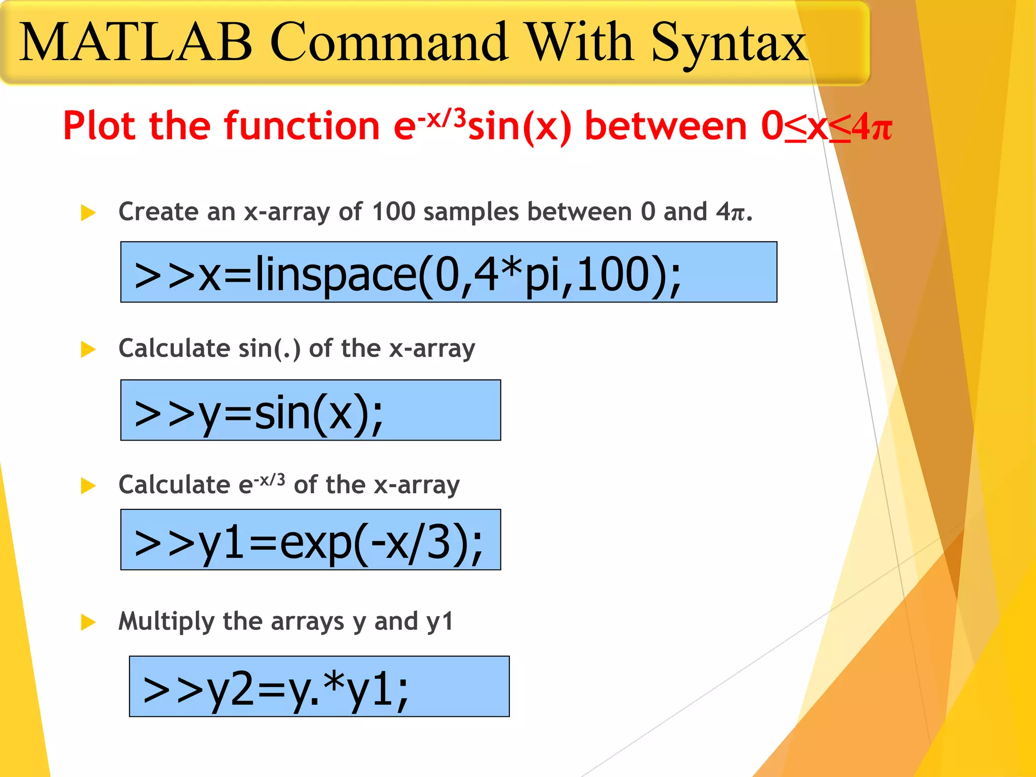 Plot the function e-x/3sin(x) between 0≤x≤4π
 Create an x-array of 100 samples between 0 and 4π.
 Calculate sin(.) of the x-array
 Calculate e-x/3 of the x-array
 Multiply the arrays y and y1
>>x=linspace(0,4*pi,100);
>>y=sin(x);
>>y1=exp(-x/3);
>>y2=y.*y1;
MATLAB Command With Syntax
 