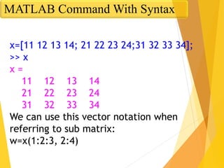x=[11 12 13 14; 21 22 23 24;31 32 33 34];
>> x
x =
11 12 13 14
21 22 23 24
31 32 33 34
We can use this vector notation when
referring to sub matrix:
w=x(1:2:3, 2:4)
MATLAB Command With Syntax
 