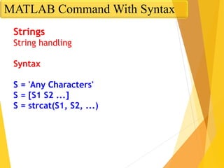 Strings
String handling
Syntax
S = 'Any Characters'
S = [S1 S2 ...]
S = strcat(S1, S2, ...)
MATLAB Command With Syntax
 