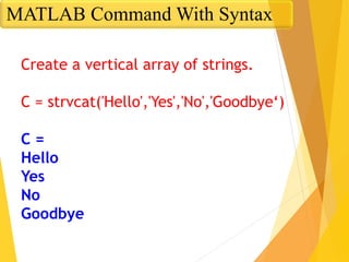 Create a vertical array of strings.
C = strvcat('Hello','Yes','No','Goodbye‘)
C =
Hello
Yes
No
Goodbye
MATLAB Command With Syntax
 