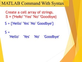 S = {'Hello' 'Yes' 'No' 'Goodbye'}
S =
'Hello' 'Yes' 'No' 'Goodbye'
Create a cell array of strings.
S = {'Hello' 'Yes' 'No' 'Goodbye}
MATLAB Command With Syntax
 