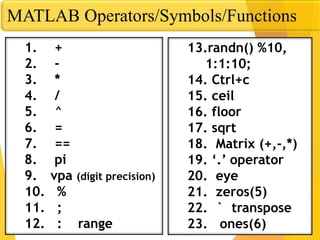 MATLAB Operators/Symbols/Functions
1. +
2. -
3. *
4. /
5. ^
6. =
7. ==
8. pi
9. vpa (digit precision)
10. %
11. ;
12. : range
13.randn() %10,
1:1:10;
14. Ctrl+c
15. ceil
16. floor
17. sqrt
18. Matrix (+,-,*)
19. ‘.’ operator
20. eye
21. zeros(5)
22. ` transpose
23. ones(6)
 