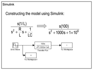 Simulink
Constructing the model using Simulink:
LC
1
s
L
R
s
)
L
/
1
(
s
2

 6
2
10
1
s
1000
s
)
100
(
s



100s
s +1000s+1e6
2
Transfer Fcn
v
To Workspace1
i
To Workspace
Sine Wave
 