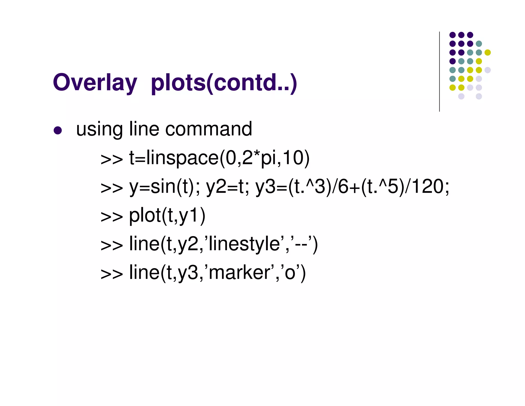 Overlay plots(contd..) using line command >> t=linspace(0,2*pi,10) >> y=sin(t); y2=t; y3=(t.^3)/6+(t.^5)/120; >> plot(t,y1) >> line(t,y2,’linestyle’,’--’) >> line(t,y3,’marker’,’o’) 