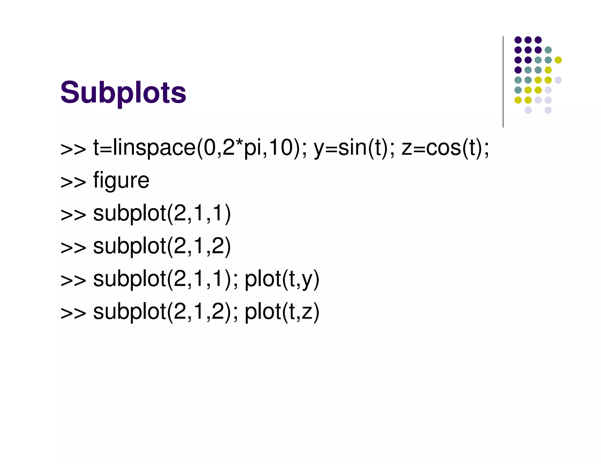 Subplots >> t=linspace(0,2*pi,10); y=sin(t); z=cos(t); >> figure >> subplot(2,1,1) >> subplot(2,1,2) >> subplot(2,1,1); plot(t,y) >> subplot(2,1,2); plot(t,z) 