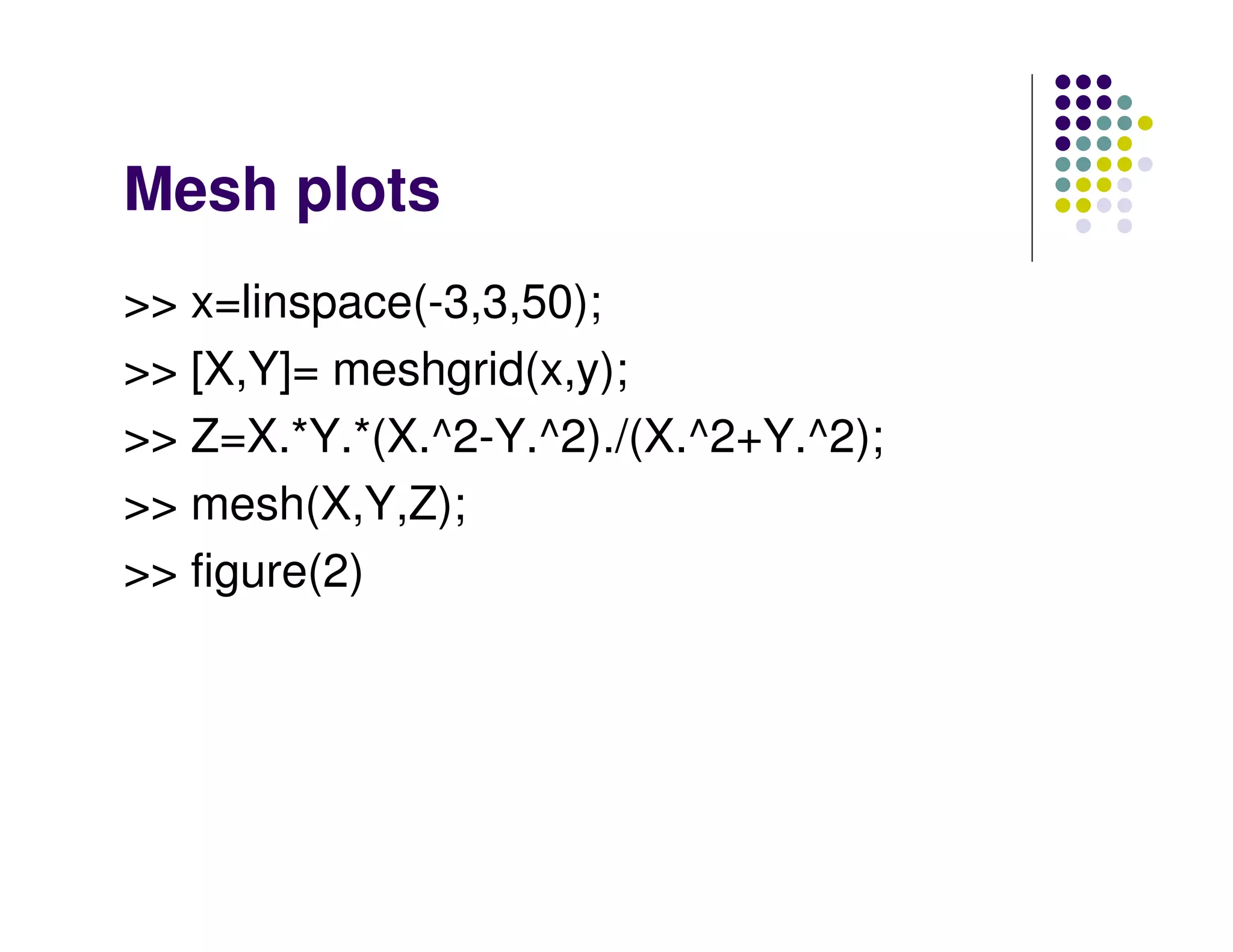 Mesh plots >> x=linspace(-3,3,50); >> [X,Y]= meshgrid(x,y); >> Z=X.*Y.*(X.^2-Y.^2)./(X.^2+Y.^2); >> mesh(X,Y,Z); >> figure(2) 