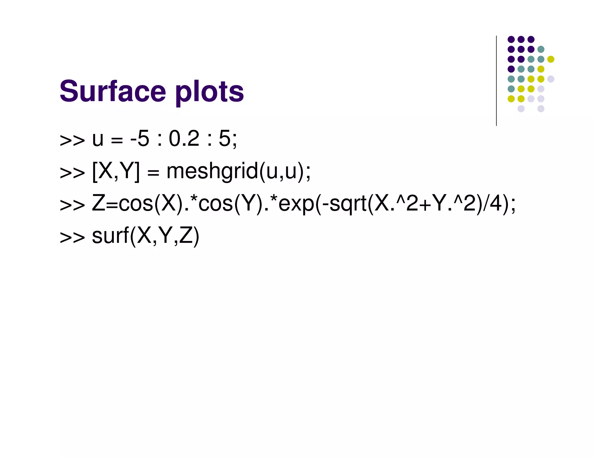 Surface plots >> u = -5 : 0.2 : 5; >> [X,Y] = meshgrid(u,u); >> Z=cos(X).*cos(Y).*exp(-sqrt(X.^2+Y.^2)/4); >> surf(X,Y,Z) 