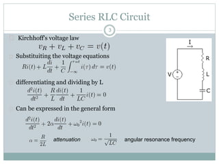 Series RLC Circuit
 Kirchhoff's voltage law
 Substituiting the voltage equations
 differentiating and dividing by L
 Can be expressed in the general form
3
attenuation angular resonance frequency
 