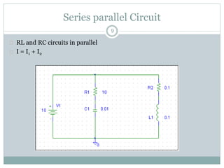 Series parallel Circuit
 RL and RC circuits in parallel
 I = I1 + I2
9
 