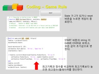 Coding – Game Rule
State 가 2가 되거나 reset
버튼을 누르면 게임이 종
료된다.
START 버튼의 string 이
GAME OVER로 바뀌고,
모든 값이 초기값으로 변
한다.
최고기록과 점수를 비교하여 최고기록보다 높
으면 최고점수/플레이어를 갱신한다.
 