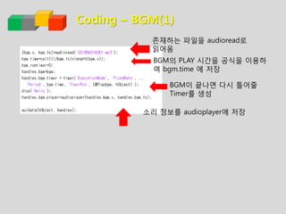 Coding – BGM(1)
존재하는 파일을 audioread로
읽어옴
BGM의 PLAY 시간을 공식을 이용하
여 bgm.time 에 저장
BGM이 끝나면 다시 틀어줄
Timer를 생성
소리 정보를 audioplayer에 저장
 
