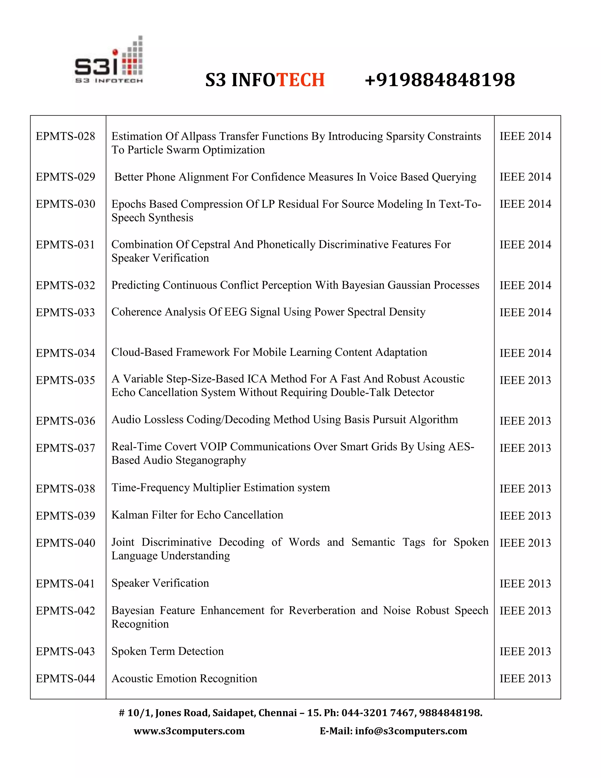 S3 INFOTECH +919884848198
# 10/1, Jones Road, Saidapet, Chennai – 15. Ph: 044-3201 7467, 9884848198.
www.s3computers.com E-Mail: info@s3computers.com
EPMTS-028
EPMTS-029
EPMTS-030
EPMTS-031
EPMTS-032
EPMTS-033
EPMTS-034
EPMTS-035
EPMTS-036
EPMTS-037
EPMTS-038
EPMTS-039
EPMTS-040
EPMTS-041
EPMTS-042
EPMTS-043
EPMTS-044
Estimation Of Allpass Transfer Functions By Introducing Sparsity Constraints
To Particle Swarm Optimization
Better Phone Alignment For Confidence Measures In Voice Based Querying
Epochs Based Compression Of LP Residual For Source Modeling In Text-To-
Speech Synthesis
Combination Of Cepstral And Phonetically Discriminative Features For
Speaker Verification
Predicting Continuous Conflict Perception With Bayesian Gaussian Processes
Coherence Analysis Of EEG Signal Using Power Spectral Density
Cloud-Based Framework For Mobile Learning Content Adaptation
A Variable Step-Size-Based ICA Method For A Fast And Robust Acoustic
Echo Cancellation System Without Requiring Double-Talk Detector
Audio Lossless Coding/Decoding Method Using Basis Pursuit Algorithm
Real-Time Covert VOIP Communications Over Smart Grids By Using AES-
Based Audio Steganography
Time-Frequency Multiplier Estimation system
Kalman Filter for Echo Cancellation
Joint Discriminative Decoding of Words and Semantic Tags for Spoken
Language Understanding
Speaker Verification
Bayesian Feature Enhancement for Reverberation and Noise Robust Speech
Recognition
Spoken Term Detection
Acoustic Emotion Recognition
IEEE 2014
IEEE 2014
IEEE 2014
IEEE 2014
IEEE 2014
IEEE 2014
IEEE 2014
IEEE 2013
IEEE 2013
IEEE 2013
IEEE 2013
IEEE 2013
IEEE 2013
IEEE 2013
IEEE 2013
IEEE 2013
IEEE 2013
 