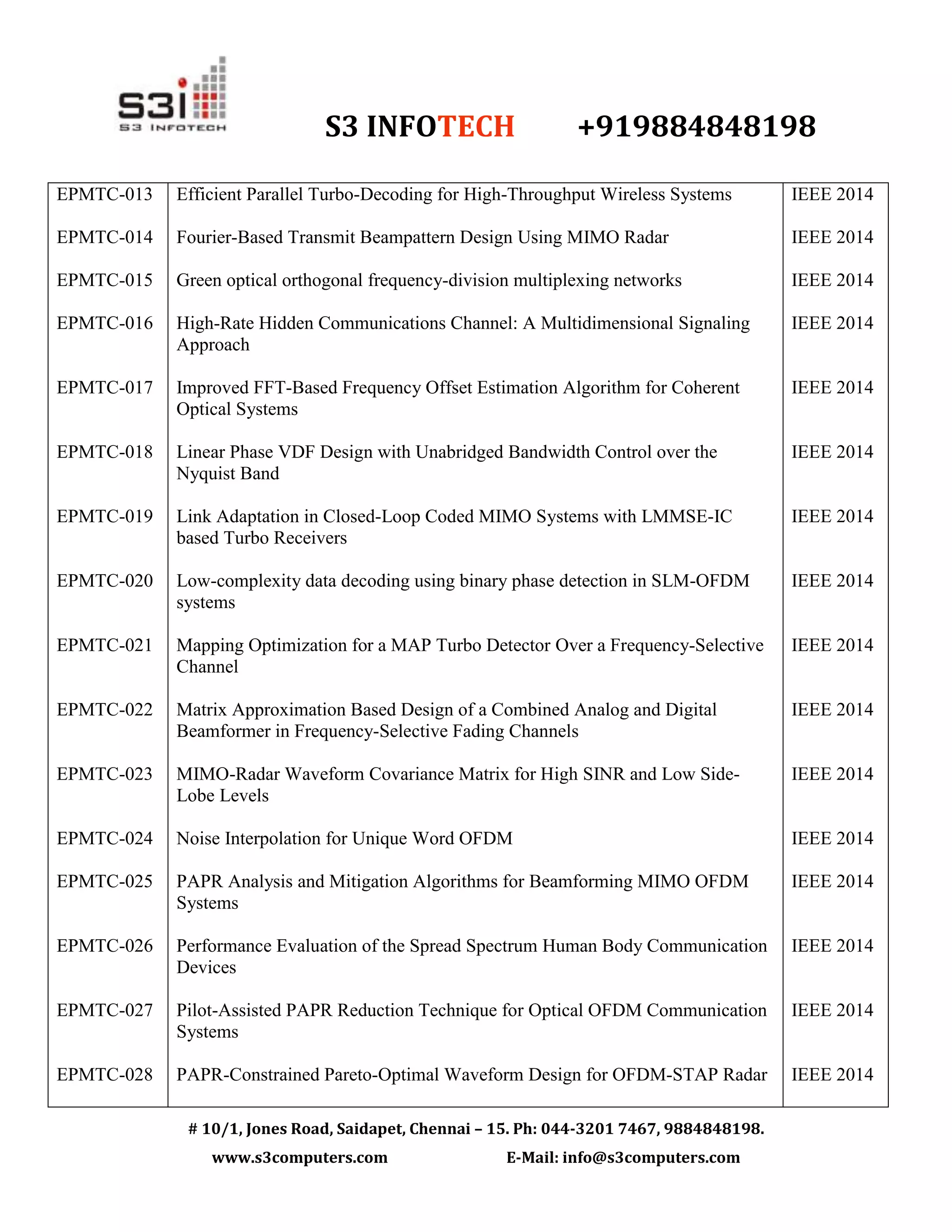 S3 INFOTECH +919884848198
# 10/1, Jones Road, Saidapet, Chennai – 15. Ph: 044-3201 7467, 9884848198.
www.s3computers.com E-Mail: info@s3computers.com
EPMTC-013
EPMTC-014
EPMTC-015
EPMTC-016
EPMTC-017
EPMTC-018
EPMTC-019
EPMTC-020
EPMTC-021
EPMTC-022
EPMTC-023
EPMTC-024
EPMTC-025
EPMTC-026
EPMTC-027
EPMTC-028
Efficient Parallel Turbo-Decoding for High-Throughput Wireless Systems
Fourier-Based Transmit Beampattern Design Using MIMO Radar
Green optical orthogonal frequency-division multiplexing networks
High-Rate Hidden Communications Channel: A Multidimensional Signaling
Approach
Improved FFT-Based Frequency Offset Estimation Algorithm for Coherent
Optical Systems
Linear Phase VDF Design with Unabridged Bandwidth Control over the
Nyquist Band
Link Adaptation in Closed-Loop Coded MIMO Systems with LMMSE-IC
based Turbo Receivers
Low-complexity data decoding using binary phase detection in SLM-OFDM
systems
Mapping Optimization for a MAP Turbo Detector Over a Frequency-Selective
Channel
Matrix Approximation Based Design of a Combined Analog and Digital
Beamformer in Frequency-Selective Fading Channels
MIMO-Radar Waveform Covariance Matrix for High SINR and Low Side-
Lobe Levels
Noise Interpolation for Unique Word OFDM
PAPR Analysis and Mitigation Algorithms for Beamforming MIMO OFDM
Systems
Performance Evaluation of the Spread Spectrum Human Body Communication
Devices
Pilot-Assisted PAPR Reduction Technique for Optical OFDM Communication
Systems
PAPR-Constrained Pareto-Optimal Waveform Design for OFDM-STAP Radar
IEEE 2014
IEEE 2014
IEEE 2014
IEEE 2014
IEEE 2014
IEEE 2014
IEEE 2014
IEEE 2014
IEEE 2014
IEEE 2014
IEEE 2014
IEEE 2014
IEEE 2014
IEEE 2014
IEEE 2014
IEEE 2014
 