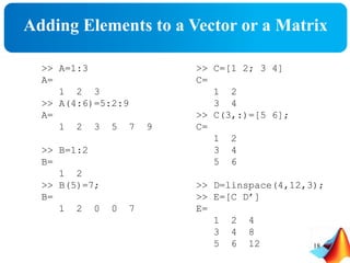 Adding Elements to a Vector or a Matrix
>> C=[1 2; 3 4]
C=
1 2
3 4
>> C(3,:)=[5 6];
C=
1 2
3 4
5 6
>> D=linspace(4,12,3);
>> E=[C D’]
E=
1 2 4
3 4 8
5 6 12
>> A=1:3
A=
1 2 3
>> A(4:6)=5:2:9
A=
1 2 3 5 7 9
>> B=1:2
B=
1 2
>> B(5)=7;
B=
1 2 0 0 7
18
 