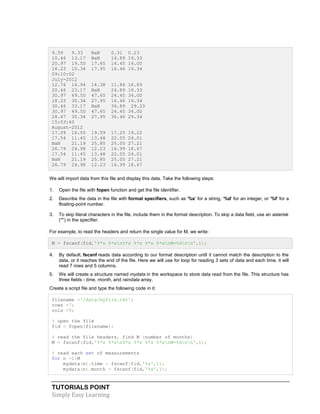 TUTORIALS POINT
Simply Easy Learning
9.59 9.33 NaN 0.31 0.23
10.46 13.17 NaN 14.89 19.33
20.97 19.50 17.65 14.45 14.00
18.23 10.34 17.95 16.46 19.34
09:10:02
July-2012
12.76 16.94 14.38 11.86 16.89
20.46 23.17 NaN 24.89 19.33
30.97 49.50 47.65 24.45 34.00
18.23 30.34 27.95 16.46 19.34
30.46 33.17 NaN 34.89 29.33
30.97 49.50 47.65 24.45 34.00
28.67 30.34 27.95 36.46 29.34
15:03:40
August-2012
17.09 16.55 19.59 17.25 19.22
17.54 11.45 13.48 22.55 24.01
NaN 21.19 25.85 25.05 27.21
26.79 24.98 12.23 16.99 18.67
17.54 11.45 13.48 22.55 24.01
NaN 21.19 25.85 25.05 27.21
26.79 24.98 12.23 16.99 18.67
We will import data from this file and display this data. Take the following steps:
1. Open the file with fopen function and get the file identifier.
2. Describe the data in the file with format specifiers, such as '%s' for a string, '%d' for an integer, or '%f' for a
floating-point number.
3. To skip literal characters in the file, include them in the format description. To skip a data field, use an asterisk
('*') in the specifier.
For example, to read the headers and return the single value for M, we write:
M = fscanf(fid,'%*s %*sn%*s %*s %*s %*snM=%dnn',1);
4. By default, fscanf reads data according to our format description until it cannot match the description to the
data, or it reaches the end of the file. Here we will use for loop for reading 3 sets of data and each time, it will
read 7 rows and 5 columns.
5. We will create a structure named mydata in the workspace to store data read from the file. This structure has
three fields - time, month, and raindata array.
Create a script file and type the following code in it:
filename ='/data/myfile.txt';
rows =7;
cols =5;
% open the file
fid = fopen(filename);
% read the file headers, find M (number of months)
M = fscanf(fid,'%*s %*sn%*s %*s %*s %*snM=%dnn',1);
% read each set of measurements
for n =1:M
mydata(n).time = fscanf(fid,'%s',1);
mydata(n).month = fscanf(fid,'%s',1);
 