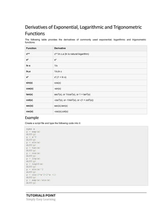 TUTORIALS POINT
Simply Easy Learning
Derivatives of Exponential, Logarithmic and Trigonometric
Functions
The following table provides the derivatives of commonly used exponential, logarithmic and trigonometric
functions:
Function Derivative
ca.x
ca.x
.ln c.a (ln is natural logarithm)
ex
ex
ln x 1/x
lncx 1/x.ln c
xx
xx
.(1 + ln x)
sin(x) cos(x)
cos(x) -sin(x)
tan(x) sec2
(x), or 1/cos2
(x), or 1 + tan2
(x)
cot(x) -csc2
(x), or -1/sin2
(x), or -(1 + cot2
(x))
sec(x) sec(x).tan(x)
csc(x) -csc(x).cot(x)
Example
Create a script file and type the following code into it:
syms x
y = exp(x)
diff(y)
y = x^9
diff(y)
y = sin(x)
diff(y)
y = tan(x)
diff(y)
y = cos(x)
diff(y)
y = log(x)
diff(y)
y = log10(x)
diff(y)
y = sin(x)^2
diff(y)
y = cos(3*x^2+2*x +1)
diff(y)
y = exp(x)/sin(x)
diff(y)
 