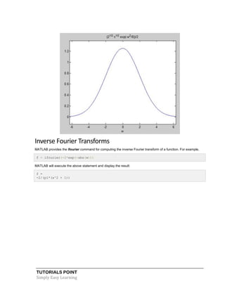 TUTORIALS POINT
Simply Easy Learning
Inverse Fourier Transforms
MATLAB provides the ifourier command for computing the inverse Fourier transform of a function. For example,
f = ifourier(-2*exp(-abs(w)))
MATLAB will execute the above statement and display the result:
f =
-2/(pi*(x^2 + 1))
 