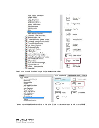 TUTORIALS POINT
Simply Easy Learning
Select 'Sinks' from the library and drag a 'Scope' block into the model.
Drag a signal line from the output of the Sine Wave block to the input of the Scope block.
 