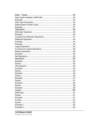 TUTORIALS POINT
Simply Easy Learning
Data - Types .......................................................................... 34
Data Types Available in MATLAB ............................................................34
Example ...................................................................................................35
Data Type Conversion..............................................................................35
Determination of Data Types....................................................................36
Example ...................................................................................................37
Operators............................................................................... 39
Arithmetic Operators ................................................................................39
Example ...................................................................................................40
Functions for Arithmetic Operations .........................................................41
Relational Operators ................................................................................44
Example ...................................................................................................44
Example ...................................................................................................45
Logical Operators.....................................................................................45
Functions for Logical Operations..............................................................46
Bitwise Operations ...................................................................................48
Example ...................................................................................................49
Set Operations .........................................................................................50
Decisions ............................................................................... 52
Example: ..................................................................................................54
Syntax: .....................................................................................................54
Flow Diagram:..........................................................................................55
Example: ..................................................................................................55
Syntax: .....................................................................................................56
Example ...................................................................................................56
Syntax: .....................................................................................................56
Example: ..................................................................................................57
Syntax ......................................................................................................57
Example ...................................................................................................58
Syntax: .....................................................................................................58
Example: ..................................................................................................59
Loops..................................................................................... 60
While loop ................................................................................................61
Syntax: .....................................................................................................61
Example ...................................................................................................61
for loop .....................................................................................................61
Syntax: .....................................................................................................62
Example 1 ................................................................................................62
Example 2 ................................................................................................62
 