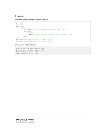 TUTORIALS POINT
Simply Easy Learning
Example:
Create a script file and type the following code in it:
a = 100;
b = 200;
switch(a)
case 100
fprintf('This is part of outer switch %dn', a );
switch(b)
case 200
fprintf('This is part of inner switch %dn', a );
end
end
fprintf('Exact value of a is : %dn', a );
fprintf('Exact value of b is : %dn', b );
When you run the file, it displays:
This is part of outer switch 100
This is part of inner switch 100
Exact value of a is : 100
Exact value of b is : 200
 