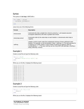 TUTORIALS POINT
Simply Easy Learning
Syntax:
The syntax of a for loop in MATLAB is:
for index = values
<program statements>
...
end
values has one of the following forms:
Format Description
initval:endval
increments the index variable from initval to endval by 1, and repeats execution
of program statements until index is greater than endval.
initval:step:endval
increments index by the value step on each iteration, or decrements when step is
negative.
valArray
creates a column vector index from subsequent columns of array valArrayon each
iteration. For example, on the first iteration, index = valArray(:,1). The loop executes for
a maximum of n times, where n is the number of columns of valArray, given by
numel(valArray, 1, :). The input valArray can be of any MATLAB data type, including a
string, cell array, or struct.
Example 1
Create a script file and type the following code:
for a = 10:20
fprintf('value of a: %dn', a);
end
When you run the file, it displays the following result:
value of a: 10
value of a: 11
value of a: 12
value of a: 13
value of a: 14
value of a: 15
value of a: 16
value of a: 17
value of a: 18
value of a: 19
value of a: 20
Example 2
Create a script file and type the following code:
for a = 1.0: -0.1: 0.0
disp(a)
end
When you run the file, it displays the following result:
 