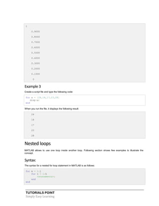 TUTORIALS POINT
Simply Easy Learning
1
0.9000
0.8000
0.7000
0.6000
0.5000
0.4000
0.3000
0.2000
0.1000
0
Example 3
Create a script file and type the following code:
for a = [24,18,17,23,28]
disp(a)
end
When you run the file, it displays the following result:
24
18
17
23
28
Nested loops
MATLAB allows to use one loop inside another loop. Following section shows few examples to illustrate the
concept.
Syntax:
The syntax for a nested for loop statement in MATLAB is as follows:
for m = 1:j
for n = 1:k
<statements>;
end
end
 