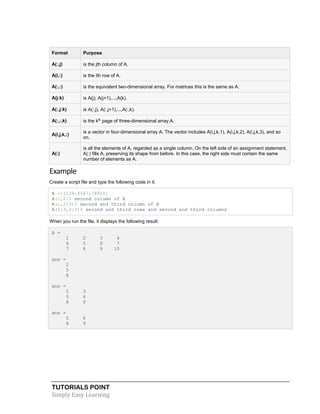 TUTORIALS POINT
Simply Easy Learning
Format Purpose
A(:,j) is the jth column of A.
A(i,:) is the ith row of A.
A(:,:) is the equivalent two-dimensional array. For matrices this is the same as A.
A(j:k) is A(j), A(j+1),...,A(k).
A(:,j:k) is A(:,j), A(:,j+1),...,A(:,k).
A(:,:,k) is the kth
page of three-dimensional array A.
A(i,j,k,:)
is a vector in four-dimensional array A. The vector includes A(i,j,k,1), A(i,j,k,2), A(i,j,k,3), and so
on.
A(:)
is all the elements of A, regarded as a single column. On the left side of an assignment statement,
A(:) fills A, preserving its shape from before. In this case, the right side must contain the same
number of elements as A.
Example
Create a script file and type the following code in it:
A =[1234;4567;78910]
A(:,2)% second column of A
A(:,2:3)% second and third column of A
A(2:3,2:3)% second and third rows and second and third columns
When you run the file, it displays the following result:
A =
1 2 3 4
4 5 6 7
7 8 9 10
ans =
2
5
8
ans =
2 3
5 6
8 9
ans =
5 6
8 9
 