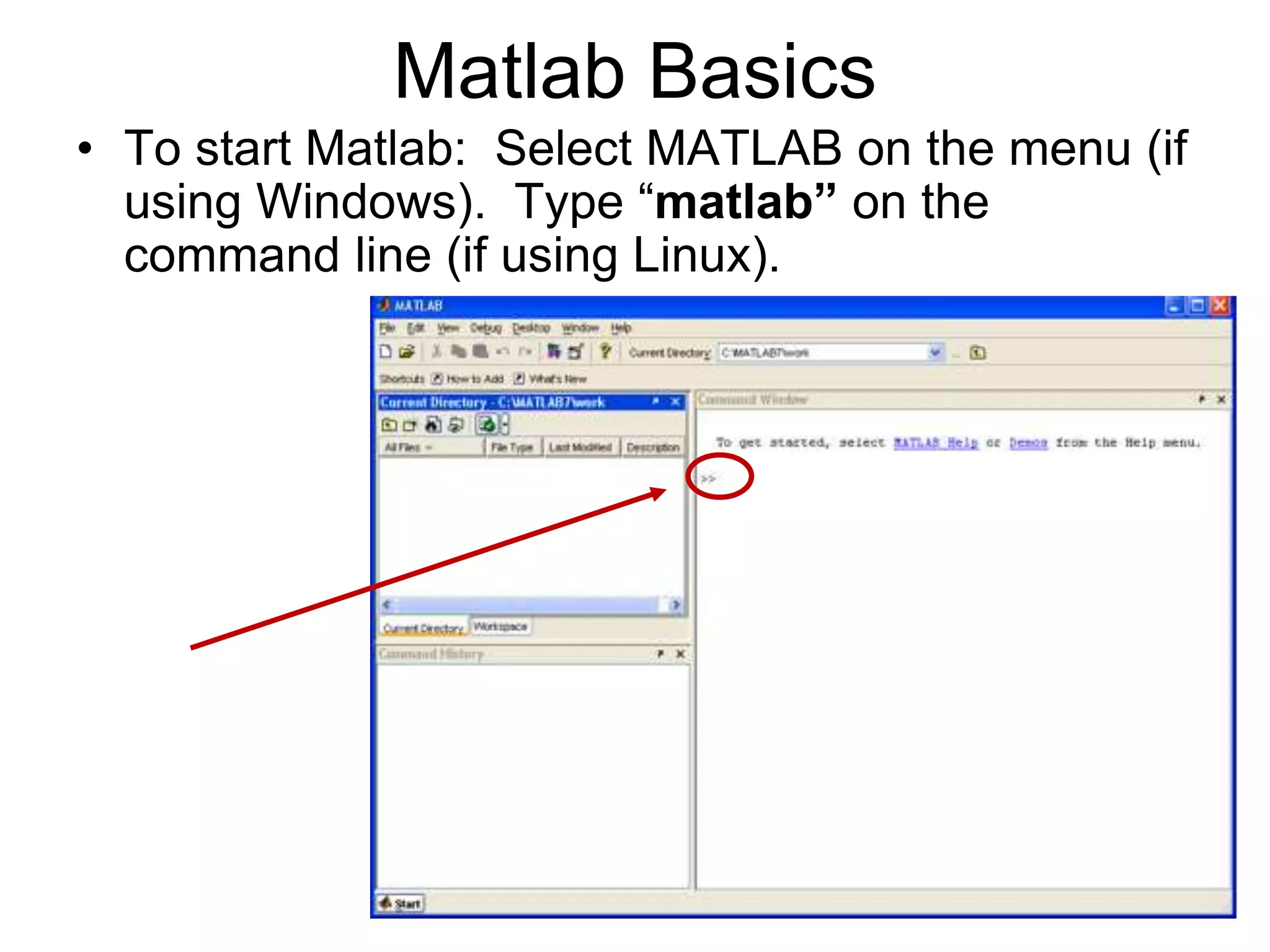 Matlab Basics
• To start Matlab: Select MATLAB on the menu (if
using Windows). Type “matlab” on the
command line (if using Linux).
 